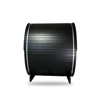 Thermory Ignite Barrel Sauna No. 54, 2-person outdoor barrel sauna, angled view