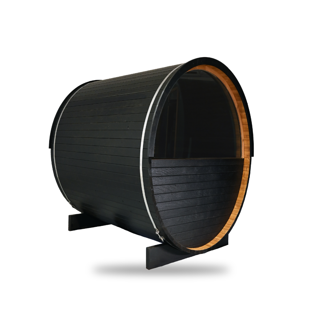 Thermory Ignite Barrel Sauna No. 54, 2-person outdoor barrel sauna, side view