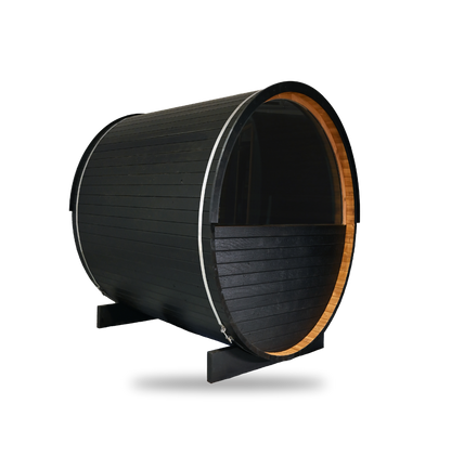 Thermory Ignite Barrel Sauna No. 54, 2-person outdoor barrel sauna, side view