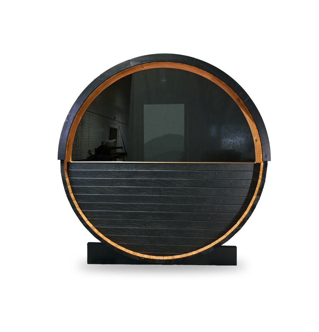 Thermory Ignite Barrel Sauna No. 54, 2-person outdoor barrel sauna, rear view