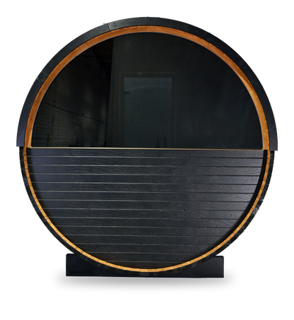 Thermory Ignite Barrel Sauna No. 60, 4-person outdoor barrel sauna, freestanding cut-out, front view