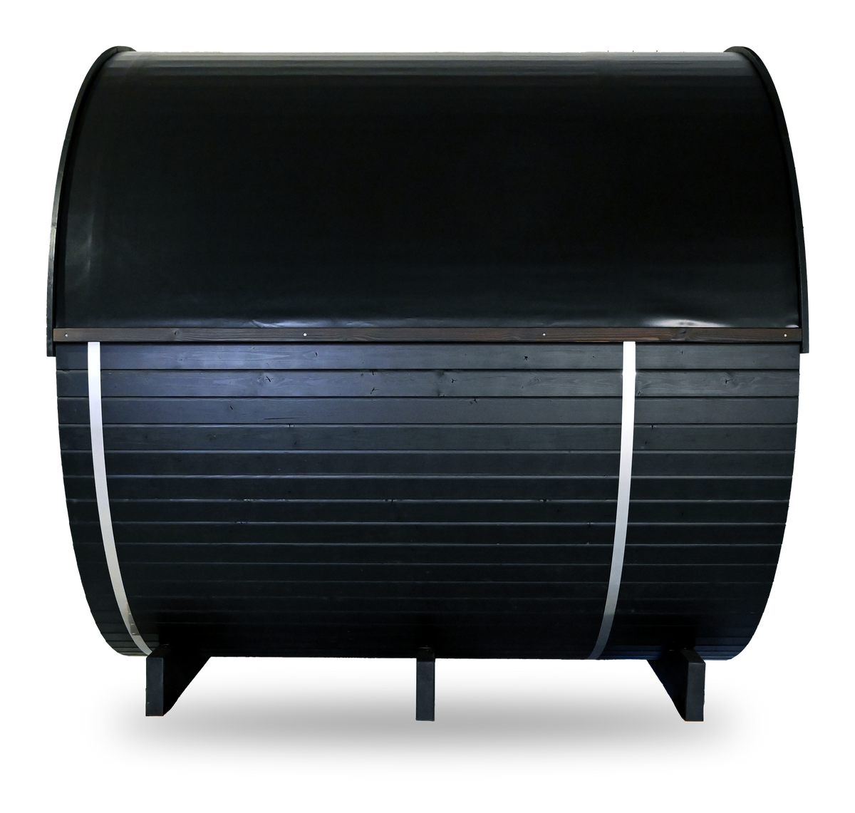 Thermory Ignite Barrel Sauna No. 60, 4-person outdoor barrel sauna, freestanding cut-out, angled view