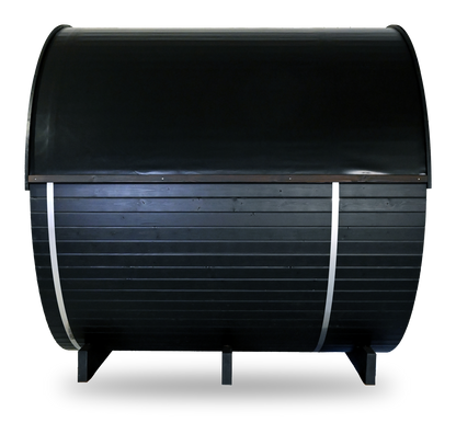 Thermory Ignite Barrel Sauna No. 60, 4-person outdoor barrel sauna, freestanding cut-out, angled view