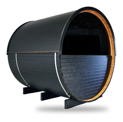 Thermory Ignite Barrel Sauna No. 60, 4-person outdoor barrel sauna, freestanding cut-out, rear view