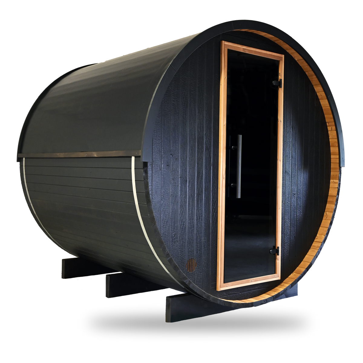 Thermory Ignite Barrel Sauna No. 62, 6-person outdoor barrel sauna, freestanding cut-out, front view