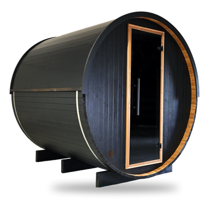 Thermory Ignite Barrel Sauna No. 62, 6-person outdoor barrel sauna, freestanding cut-out, front view