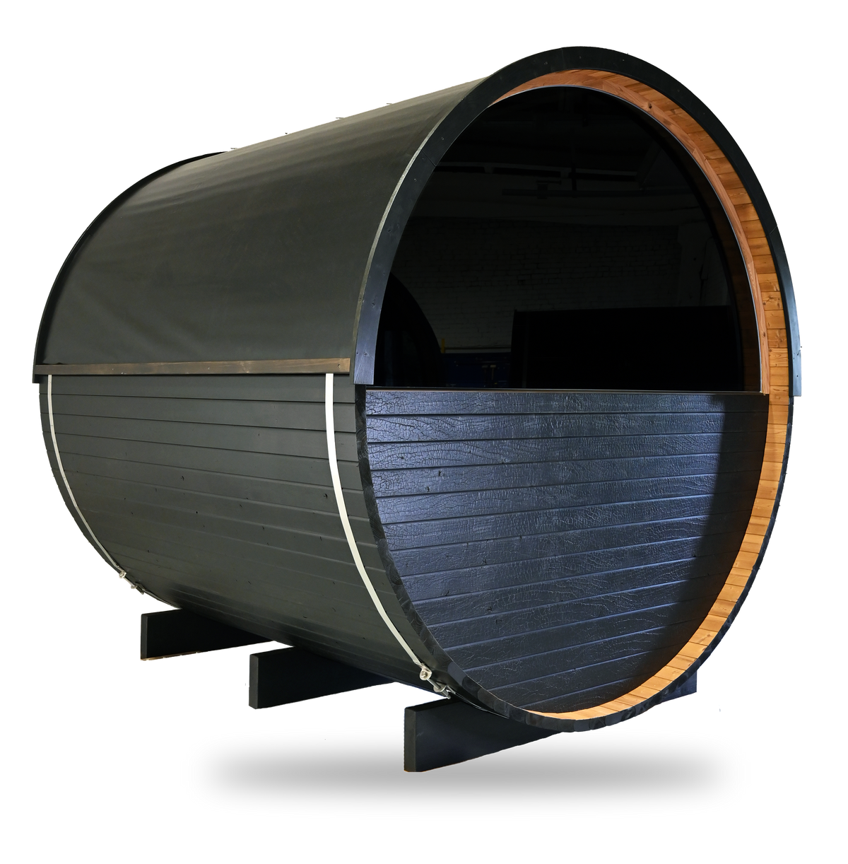 Thermory Ignite Barrel Sauna No. 62, 6-person outdoor barrel sauna, freestanding cut-out, side view