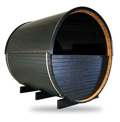 Thermory Ignite Barrel Sauna No. 62, 6-person outdoor barrel sauna, freestanding cut-out, side view