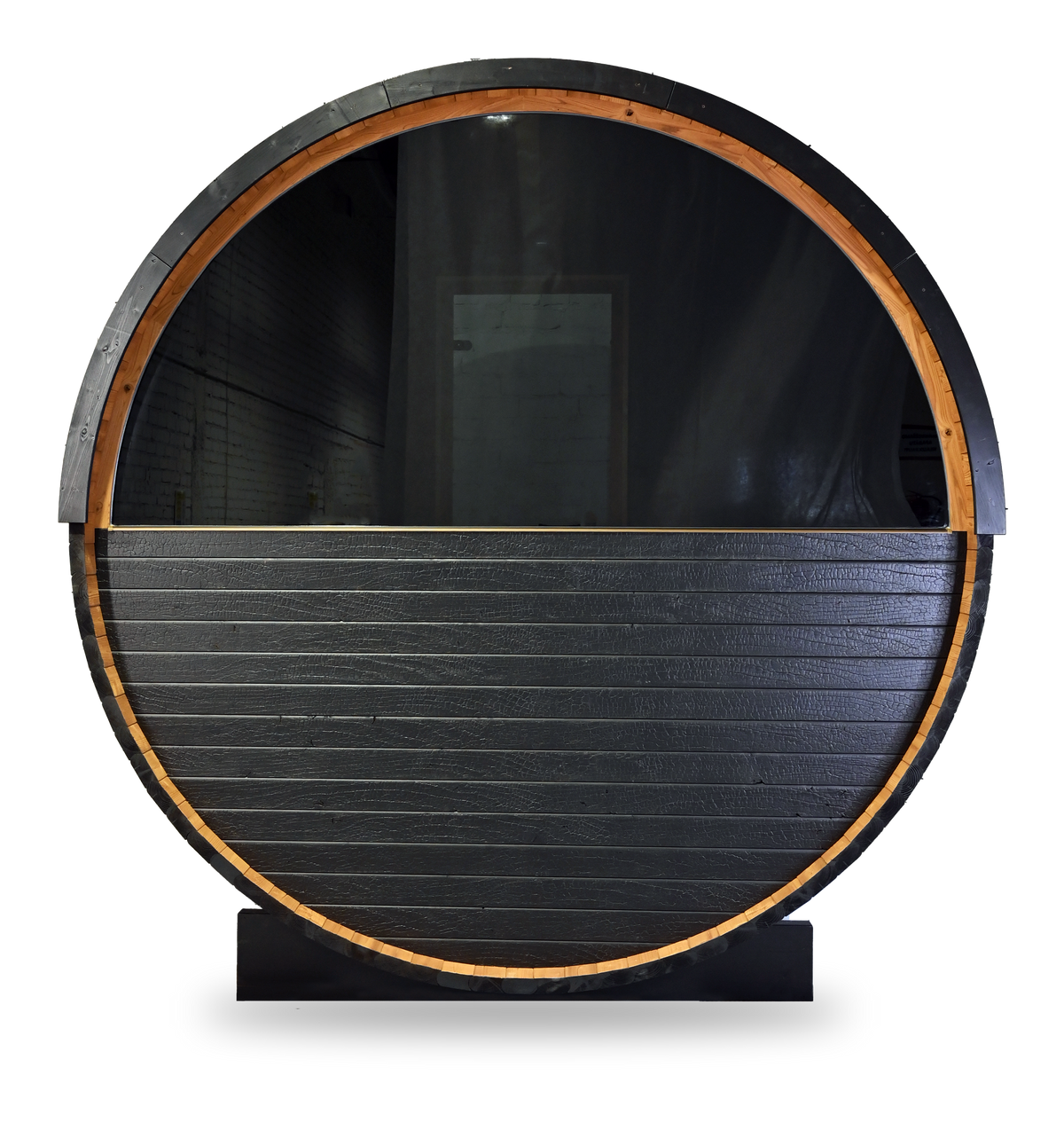Thermory Ignite Barrel Sauna No. 62, 6-person outdoor barrel sauna, freestanding cut-out, angled view