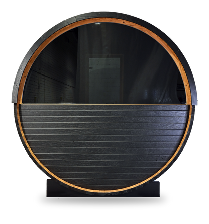 Thermory Ignite Barrel Sauna No. 62, 6-person outdoor barrel sauna, freestanding cut-out, angled view