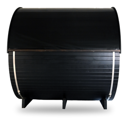 Thermory Ignite Barrel Sauna No. 62, 6-person outdoor barrel sauna, freestanding cut-out, rear view