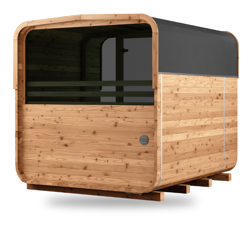Thermory Sauna Square No. 40, 6-person square sauna with porch and window, back right view