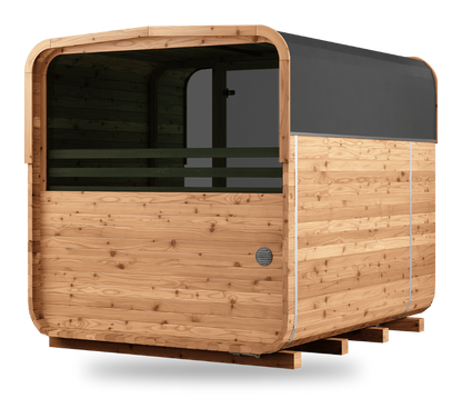 Thermory Sauna Square No. 40, 6-person square sauna with porch and window, back right view