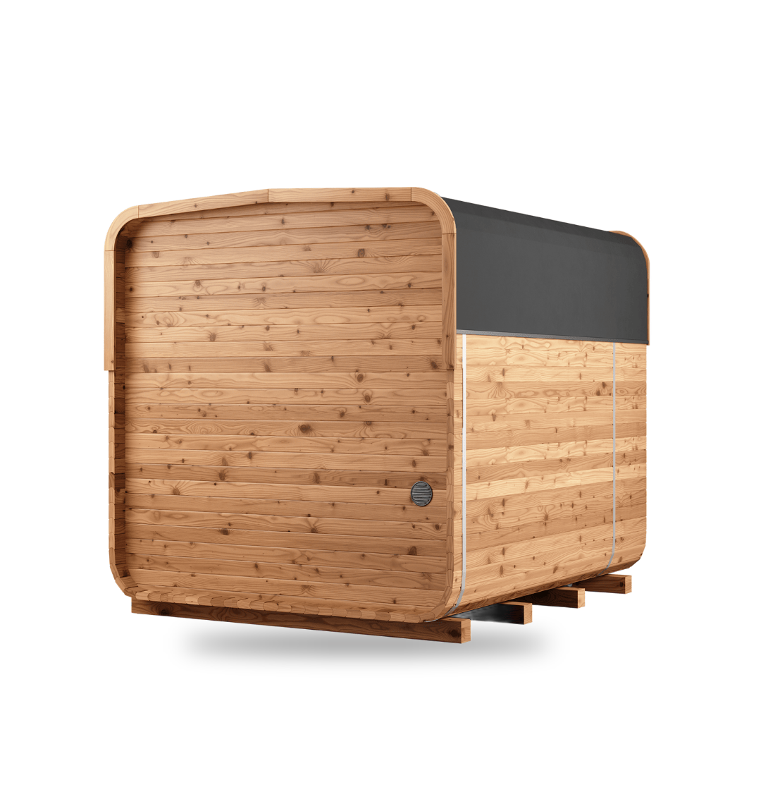 Thermory Sauna Square No. 41, 6-person square sauna with porch, back right view