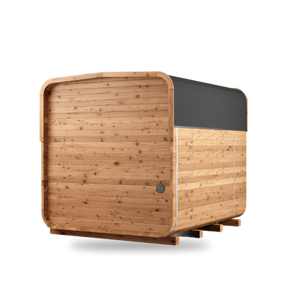 Thermory Sauna Square No. 41, 6-person square sauna with porch, back right view