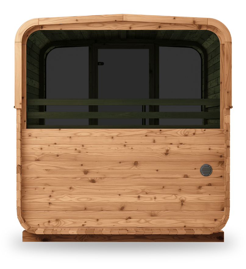 Thermory Sauna Square No. 40, 6-person square sauna with porch and window, back view