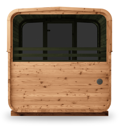 Thermory Sauna Square No. 40, 6-person square sauna with porch and window, back view