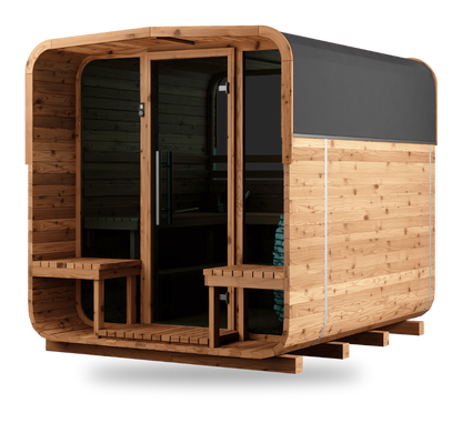 Thermory Sauna Square No. 40 and No. 41, 6-person square sauna with porch, front right view