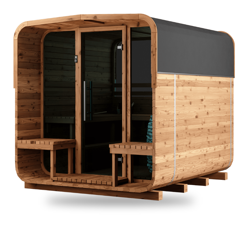 Thermory Sauna Square No. 40 and No. 41, 6-person square sauna with porch, front right view
