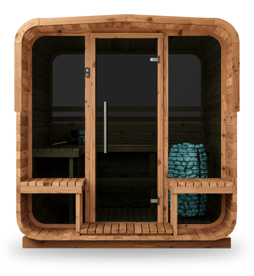 Thermory Sauna Square No. 41, 6-person square sauna with porch, front view
