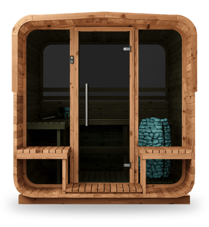 Thermory Sauna Square No. 40, 6-person square sauna with porch and window, front view