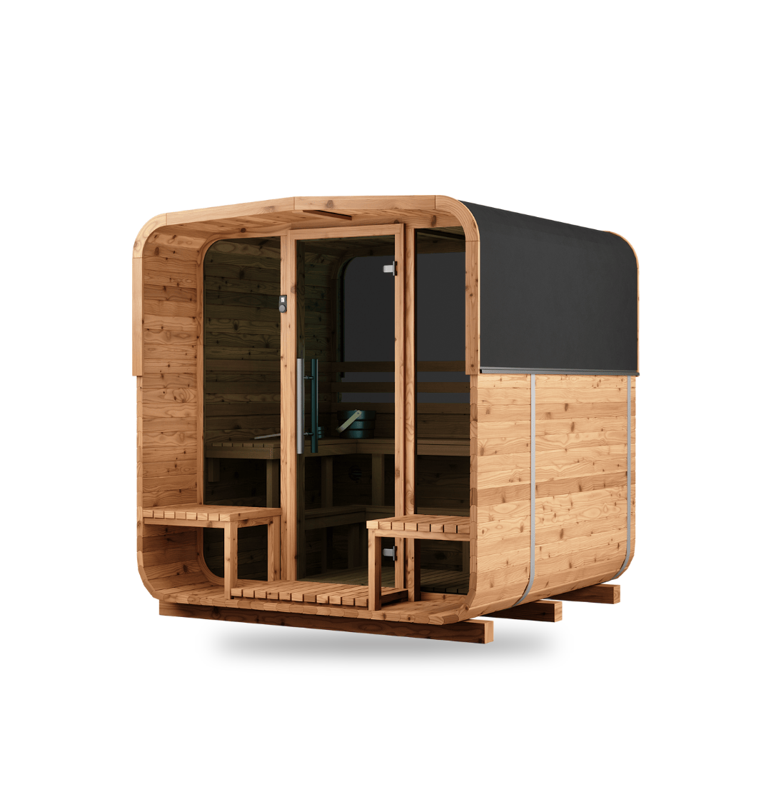 Thermory Sauna Square No. 42, 4-person square sauna with rear window, front right view