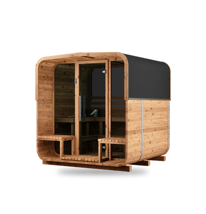 Thermory Sauna Square No. 42, 4-person square sauna with rear window, front right view