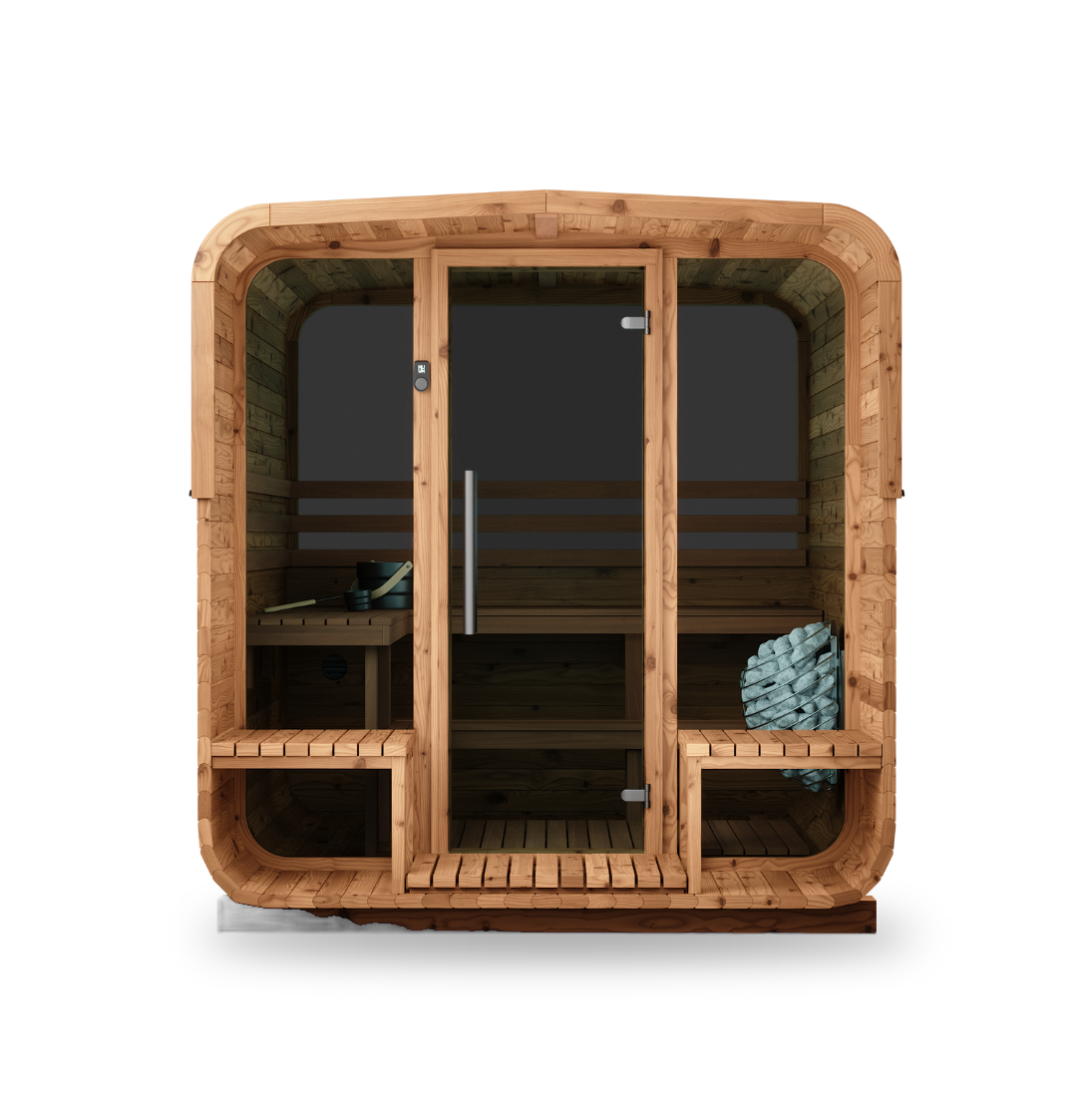 Thermory Sauna Square No. 42, 4-person square sauna with rear window, front view