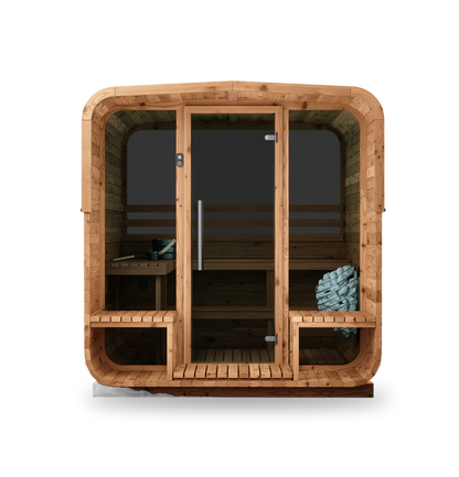 Thermory Sauna Square No. 42, 4-person square sauna with rear window, front view