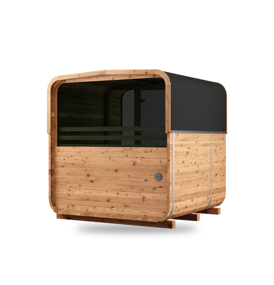 Thermory Sauna Square No. 42, 4-person square sauna with rear window, rear right view