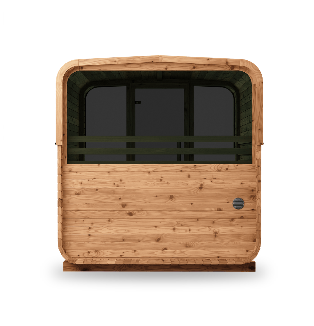 Thermory Sauna Square No. 42, 4-person square sauna with rear window, rear view with window