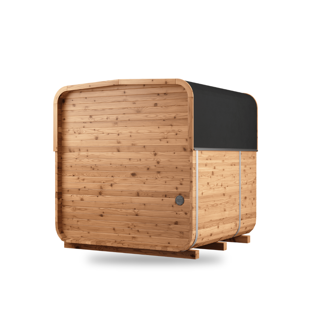Thermory Sauna Square No. 43, 4-person square sauna with porch, no window, back right view