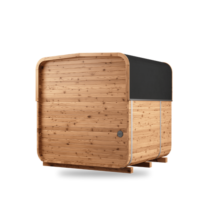 Thermory Sauna Square No. 43, 4-person square sauna with porch, no window, back right view