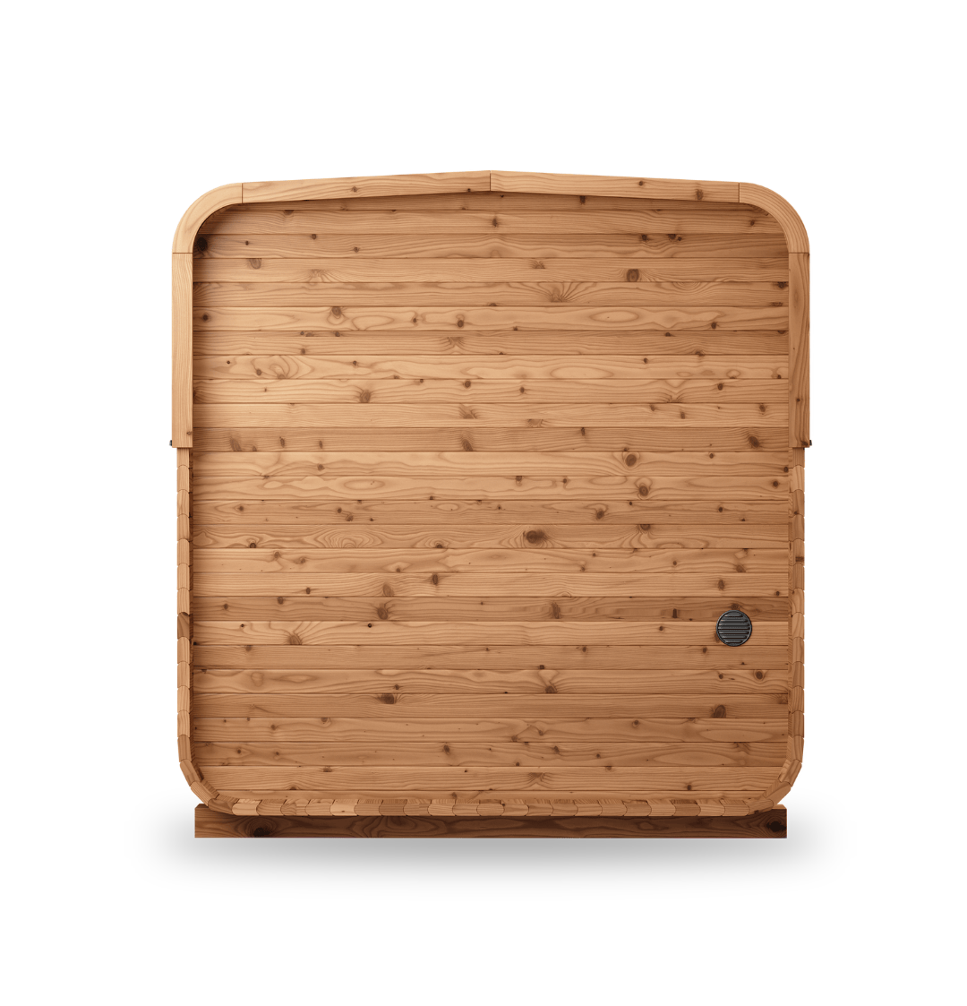 Thermory Sauna Square No. 43, 4-person square sauna with porch, no window, back view