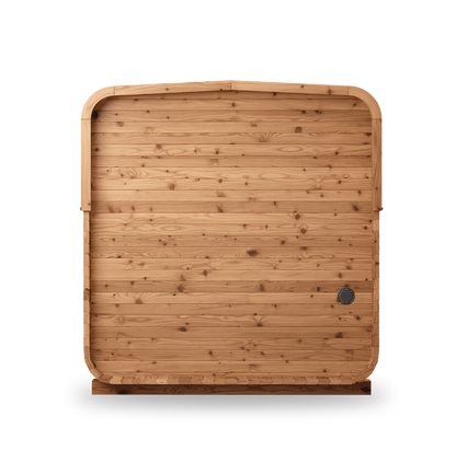 Thermory Sauna Square No. 43, 4-person square sauna with porch, no window, back view