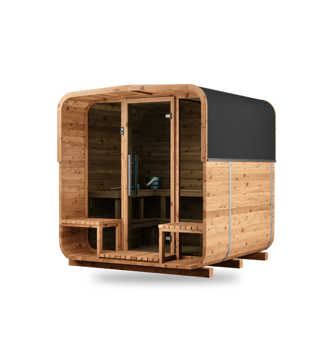 Thermory Sauna Square No. 43, 4-person square sauna with porch, no window, front right view