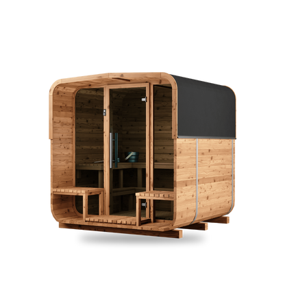 Thermory Sauna Square No. 43, 4-person square sauna with porch, no window, front right view