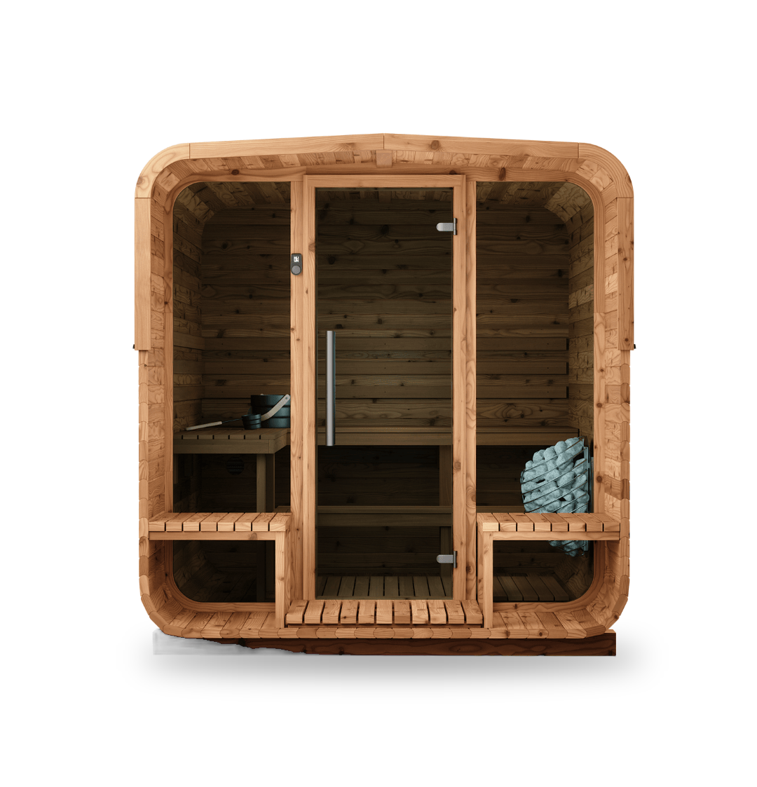 Thermory Sauna Square No. 43, 4-person square sauna with porch, no window, front view