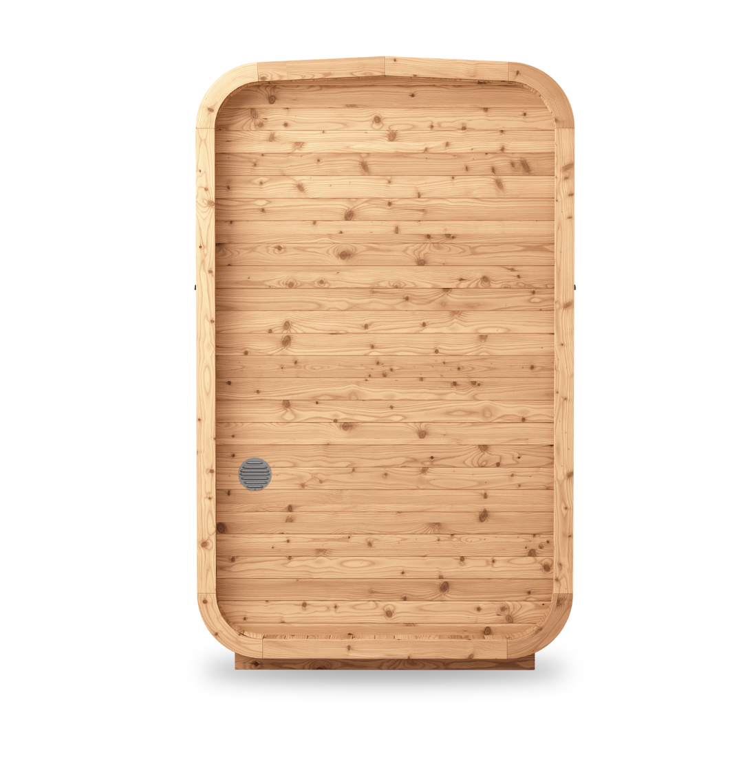Thermory Sauna Square No. 45, compact 2-person square sauna, back view
