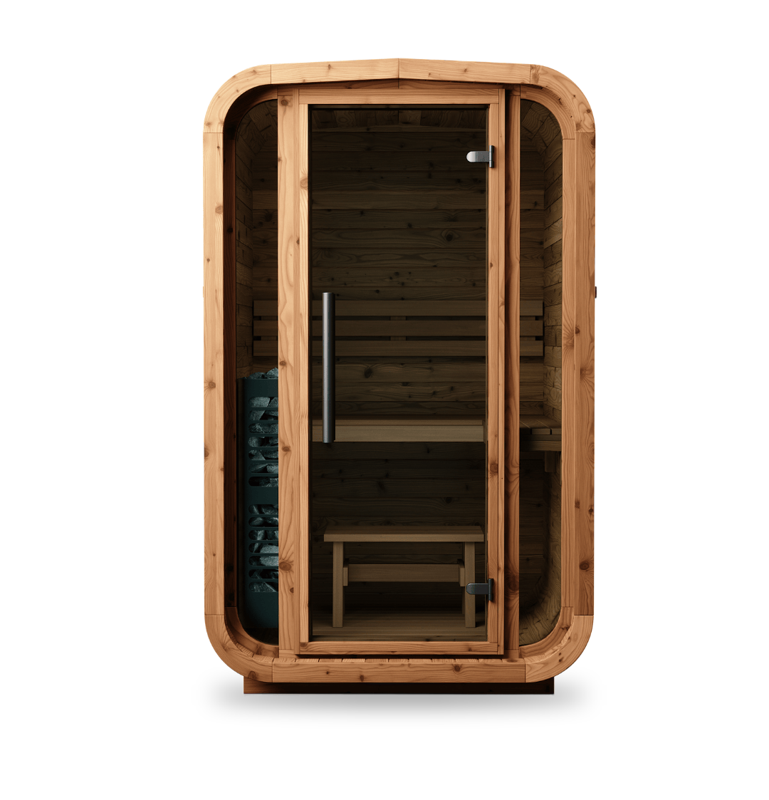 Thermory Sauna Square No. 45, compact 2-person square sauna, exterior view
