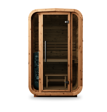 Thermory Sauna Square No. 45, compact 2-person square sauna, exterior view