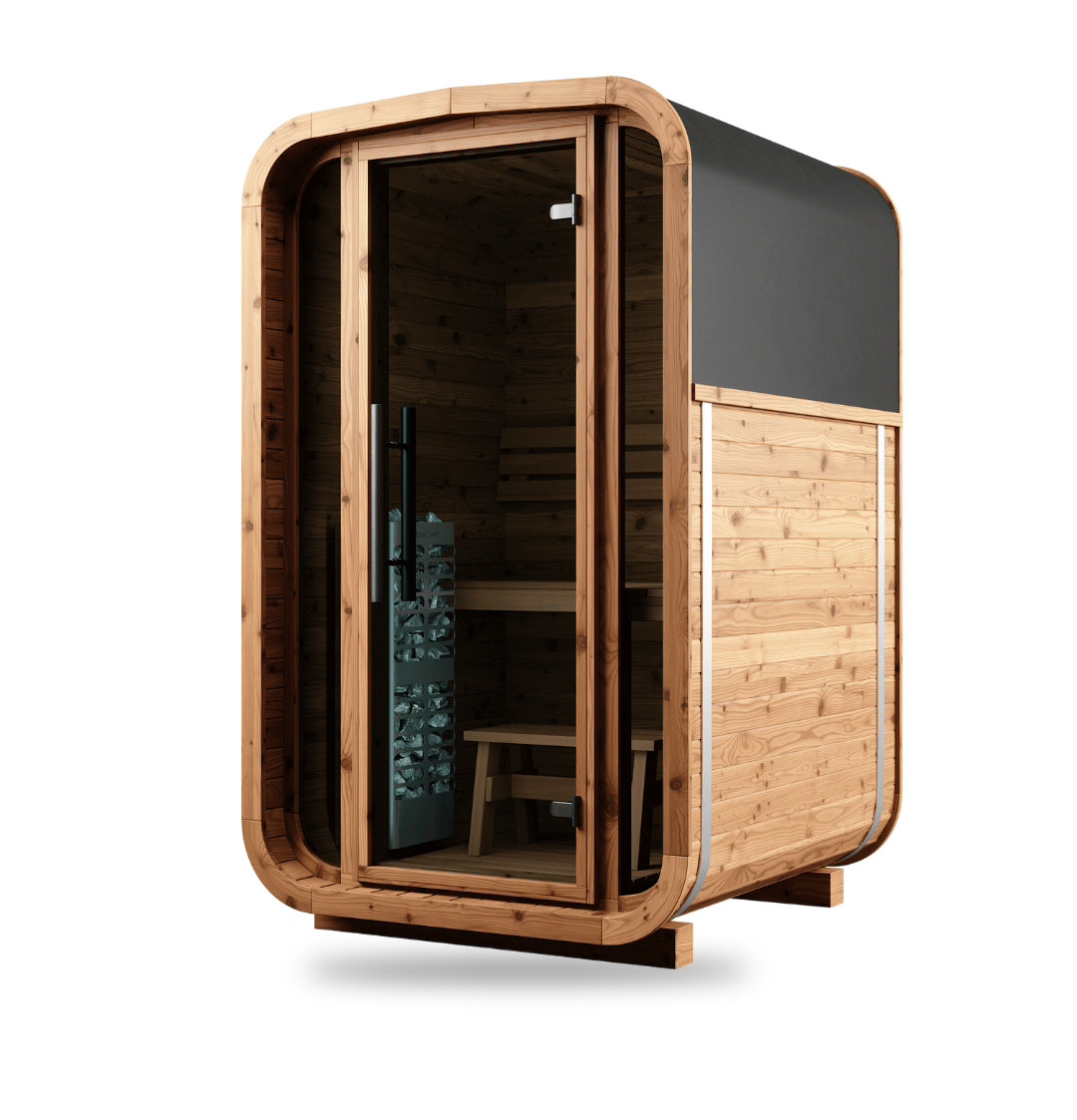 Thermory Sauna Square No. 45, compact 2-person square sauna, front side view