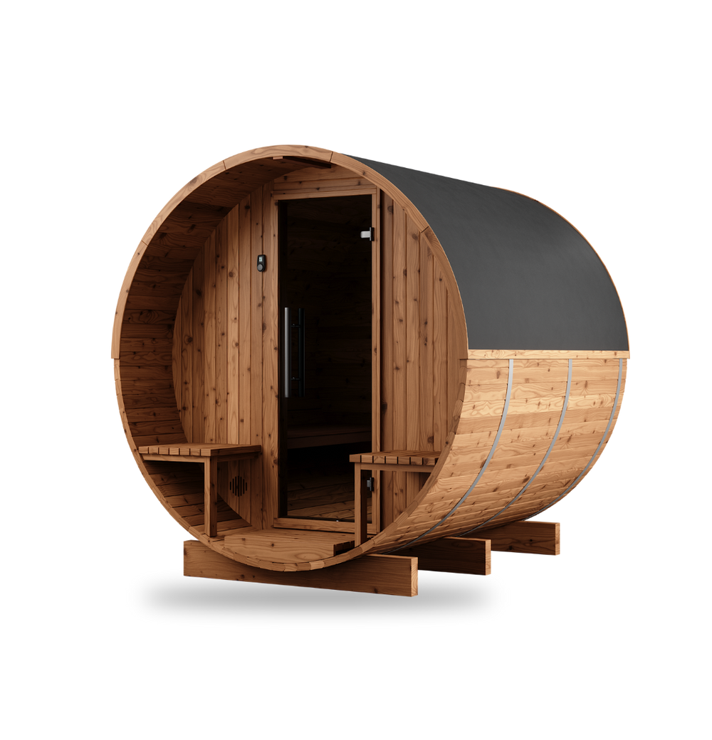 Thermory Barrel Sauna No. 60, 4-person outdoor barrel sauna kit, angled front profile