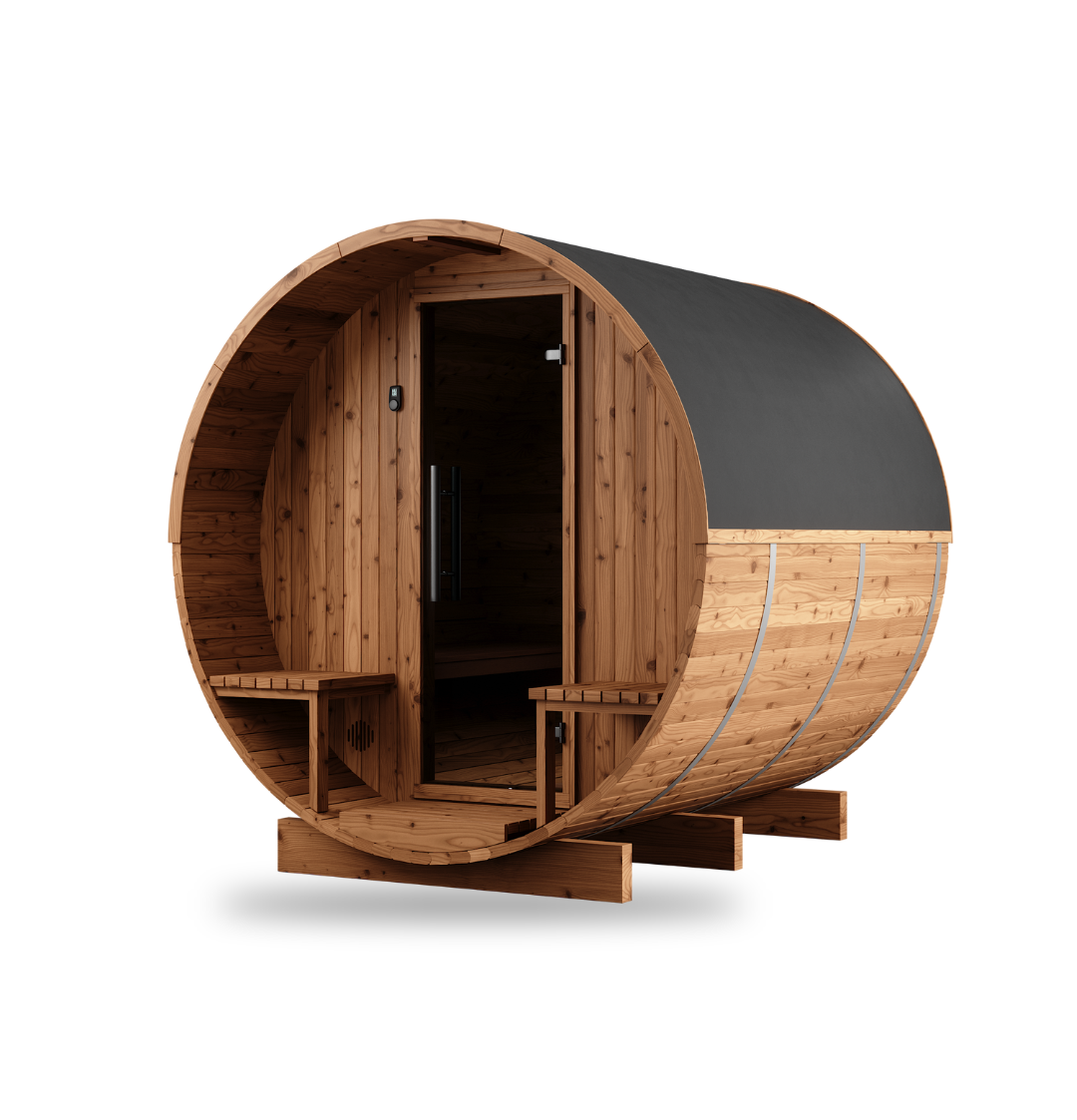 Thermory Barrel Sauna No. 60, 4-person outdoor barrel sauna kit, angled front profile