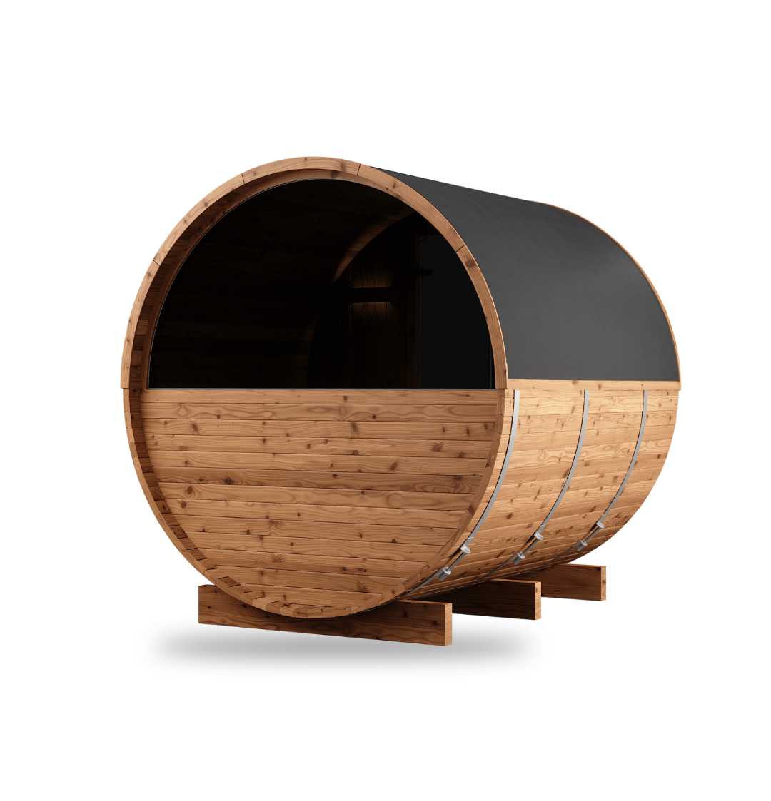 Thermory Barrel Sauna No. 60, 4-person outdoor barrel sauna kit, angled rear profile
