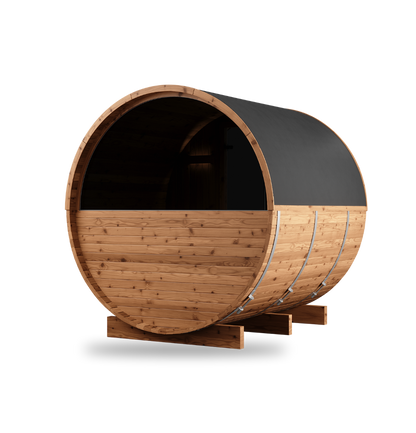 Thermory Barrel Sauna No. 60, 4-person outdoor barrel sauna kit, angled rear profile
