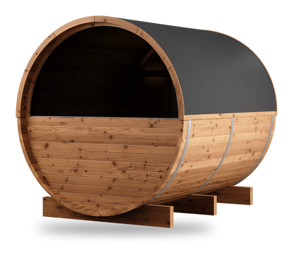 Thermory Barrel Sauna No. 54, 2-person outdoor barrel sauna, left side view