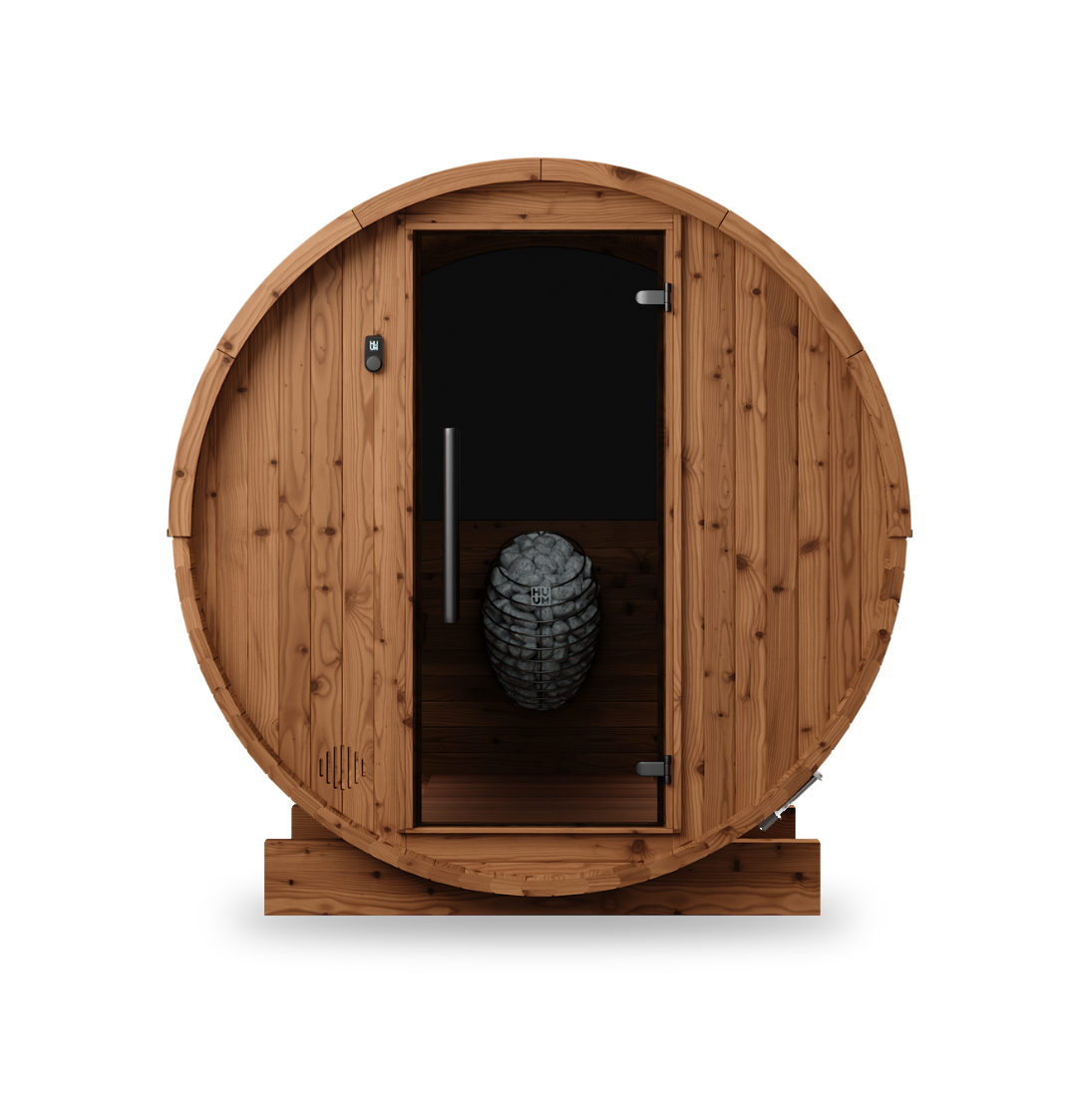 Thermory Barrel Sauna No. 54, 2-person outdoor barrel sauna, front view without porch
