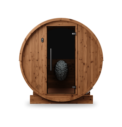 Thermory Barrel Sauna No. 54, 2-person outdoor barrel sauna, front view without porch