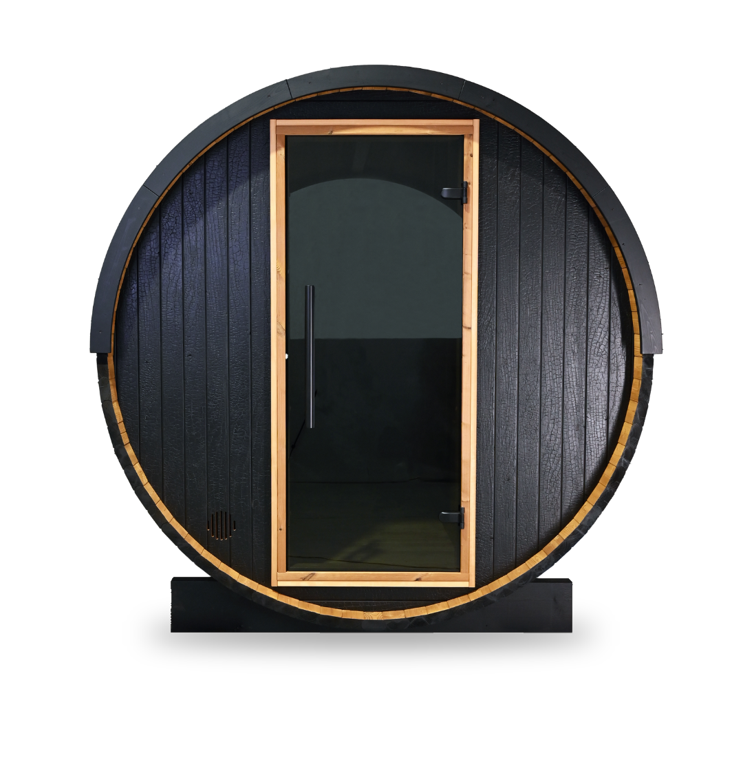 Thermory Ignite Barrel Sauna No. 54, 2-person outdoor barrel sauna, front view without porch
